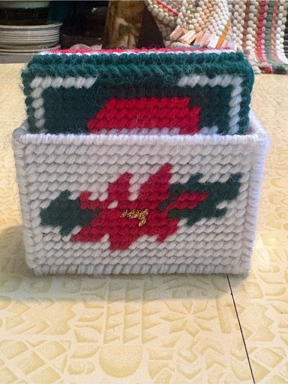 Vintage Handmade Holiday Needlepoint Box with Poinsettia